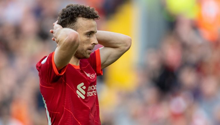 Liverpool's Diogo Jota looks dejected after missing a chance against Chelsea.