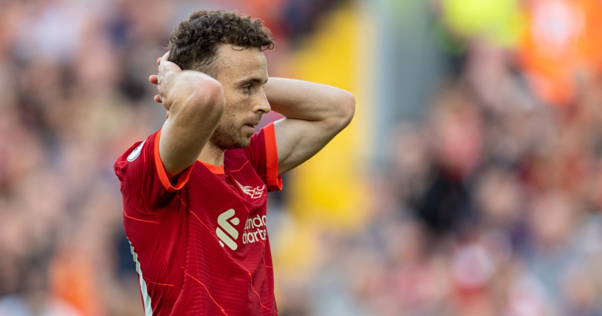 Liverpool's Diogo Jota looks dejected after missing a chance against Chelsea.