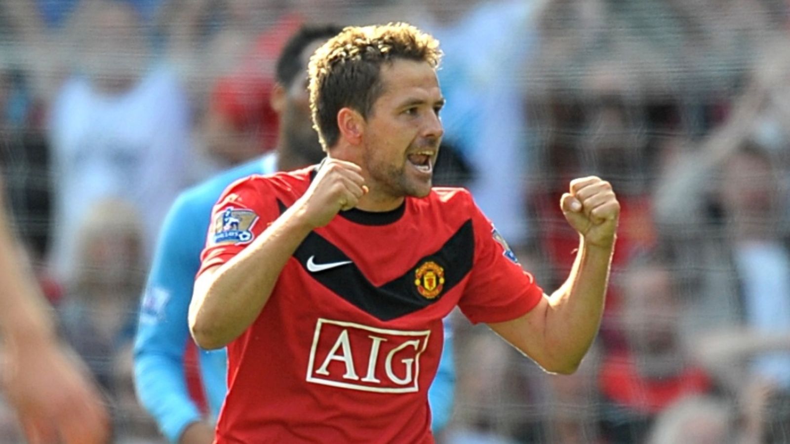 Manchester United's Michael Owen celebrates after scoring a late winner against Manchester City, Old Trafford, September 2009.