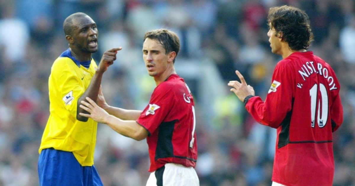 Arsenal's Patrick Vieira points the finger at Manchester United's Ruud Van Nistelrooy (right) following an incident during their FA Barclaycard Premiership match at Old Trafford, Manchester, September 2003.