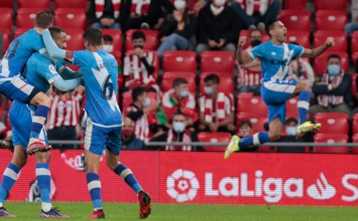 Falcao and Bebe celebrate scoring for Rayo Vallecano