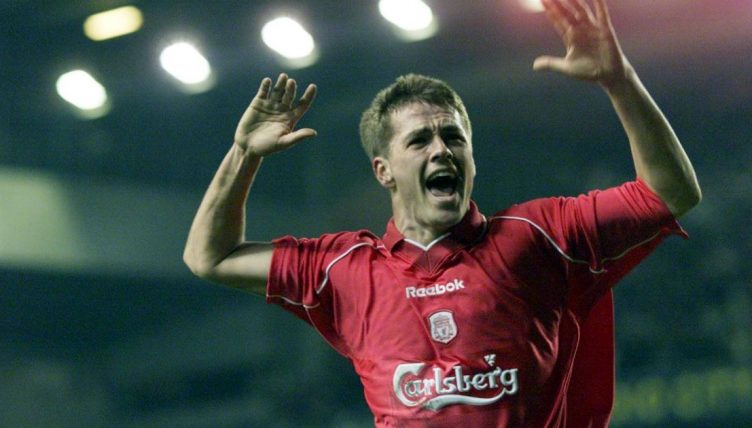 Michael Owen celebrates scoring Liverpool second goal v Porto. Anfield, March 2001.
