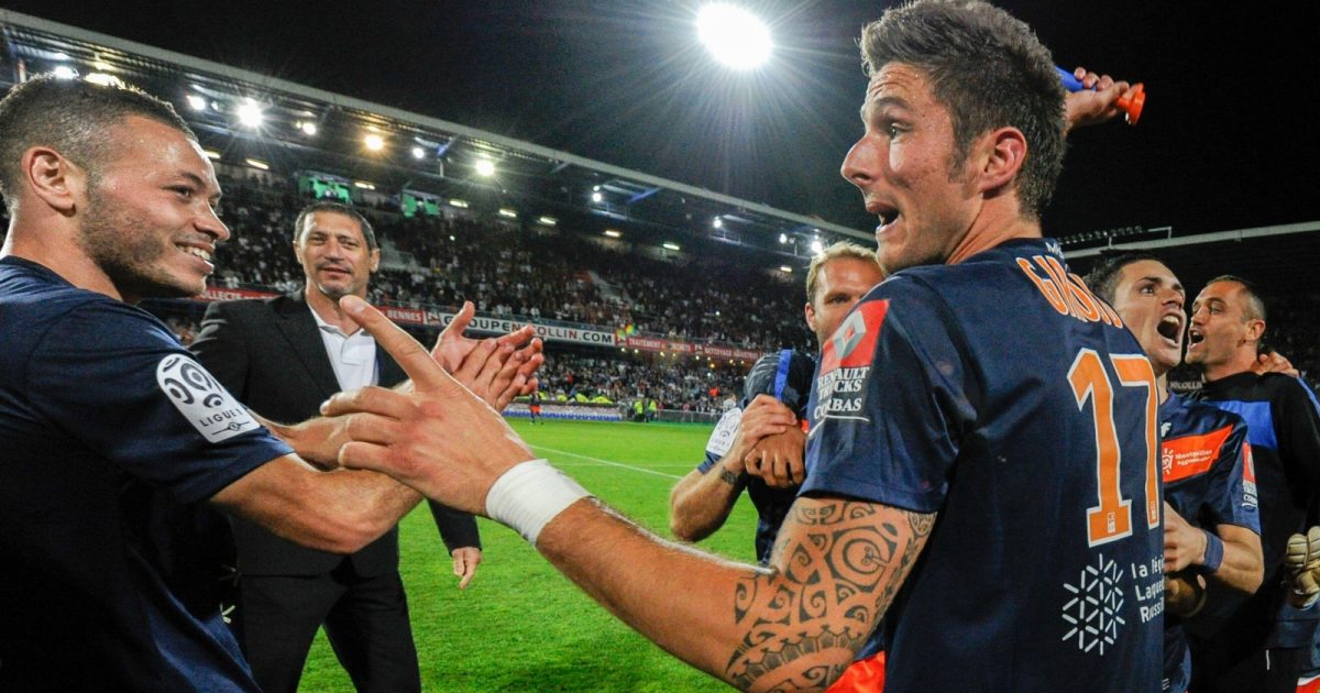 Montpellier's Olivier Giroud celebrates after the French First League, Montpellier HSC Vs Lille OSC at Stade de la Mosson in Montpellier, France on May 13th, 2012. Montpellier won 1-0.