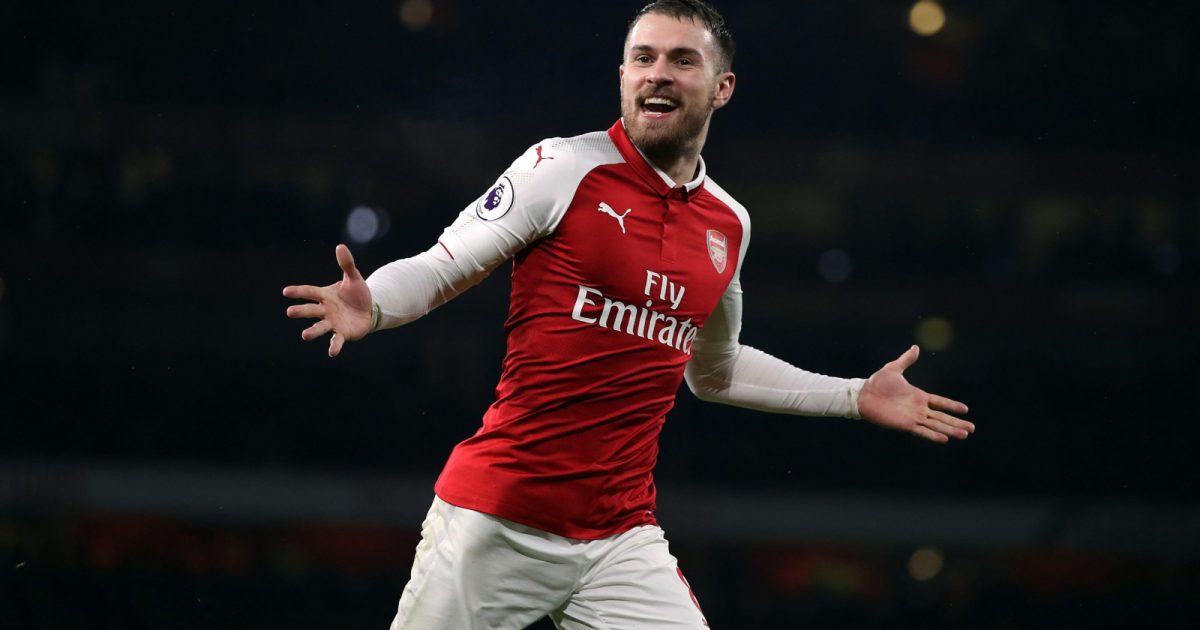 Aaron Ramsey celebrates his hat-trick during the Premier League match between Arsenal and Everton at Emirates Stadium, London, February 2018.