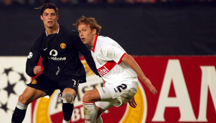 Manchester United's Cristiano Ronaldo battles past the challenge from Stuttgart's Andreas Hinkel. Gottlieb-Daimler-Stadion, October 2003.