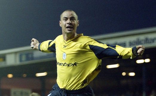 Bolton Wanderers' Stelios Giannakopoulos celebrates scoring the winner against Blackburn Rovers at Ewood Park, Blackburn, January 2004.