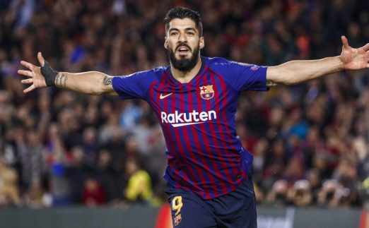 Barcelona's Luis Suarez celebrates scoring in the Champions League against Liverpool at Camp Nou, Barcelona, Spain, May 2019.