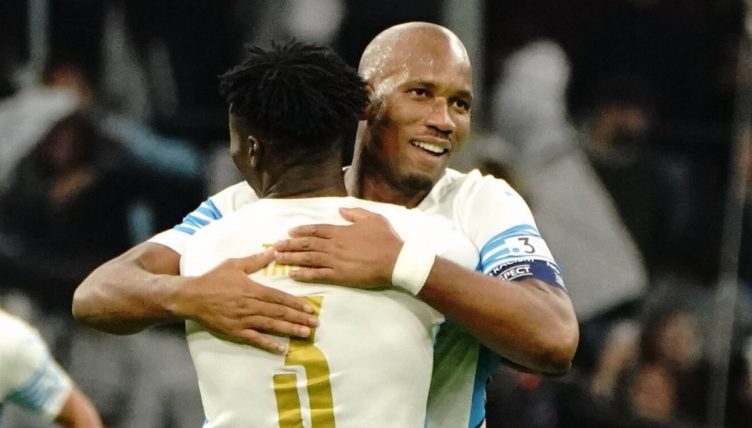 Dider Drogba celebrates scoring in a Marseille legends game. October 2021.