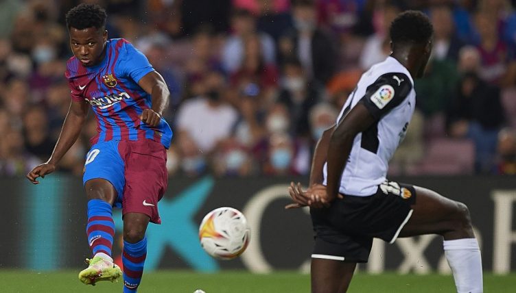 Ansu Fati scores for Barcelona v Vlanecia in La Liga. October 2021.
