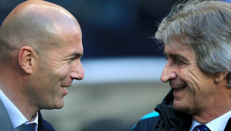 Zinedine Zidane和Mauel Pelegrini Talke Bore Manchester City v Real Madrid。2016年4月。