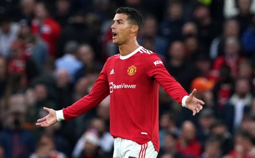 Manchester United's Cristiano Ronaldo reacts after Liverpool score.