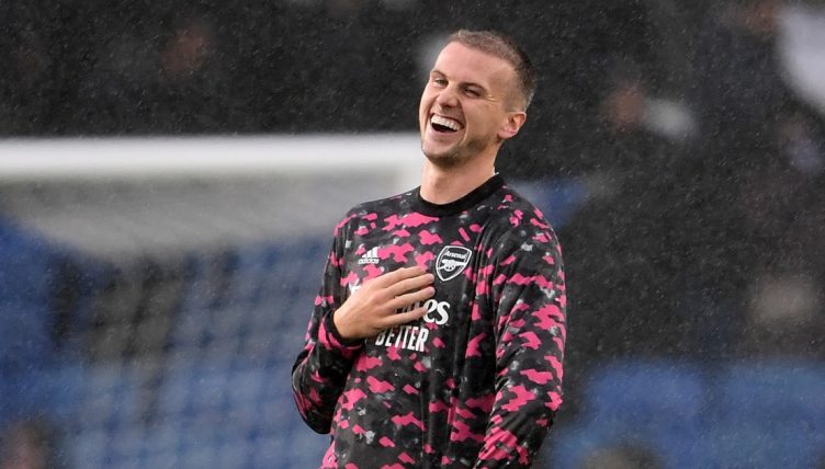 Rob Holding laughing during Arsenal training.