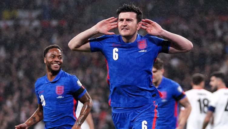 Harry Maguire celebrates after scoring for England.