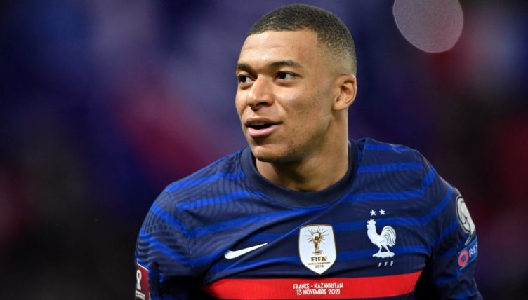 Kylian Mbappe playing for France.