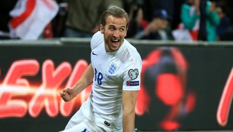 Harry Kane celebrates after scoring his first England goal.