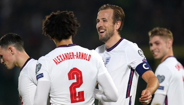 Harry Kane celebrates after scoring for England.