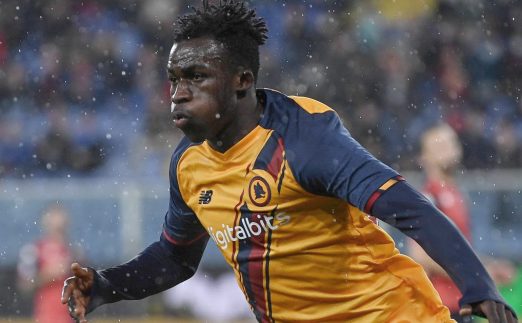 Felix Afena-Gyan celebrates scoring for Roma against Genoa. Stadio Olimpico, Novermber 2021.
