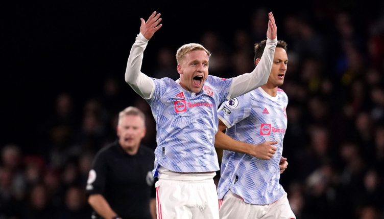 Donny van de Beek celebrates after scoring for Manchester United.