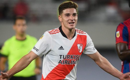Julian ALvarez celebrates scoring for River Plate v San Lorenzo. October 2021.
