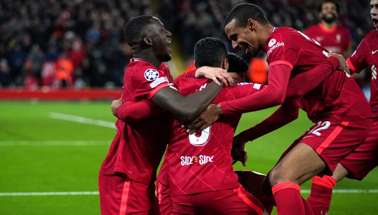 Thiago Alcantara, Joel Matip and Ibrahima Konate celebrate Thiago's goal vs Porto. November 2021