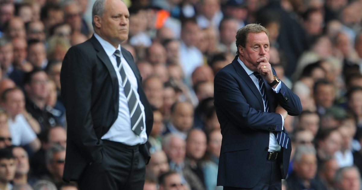 Martin Jol and Harry Redknapp survey the action during the Premier League match between Tottenham Hotspur and Fulham at White Hart Lane, London, May 2012.