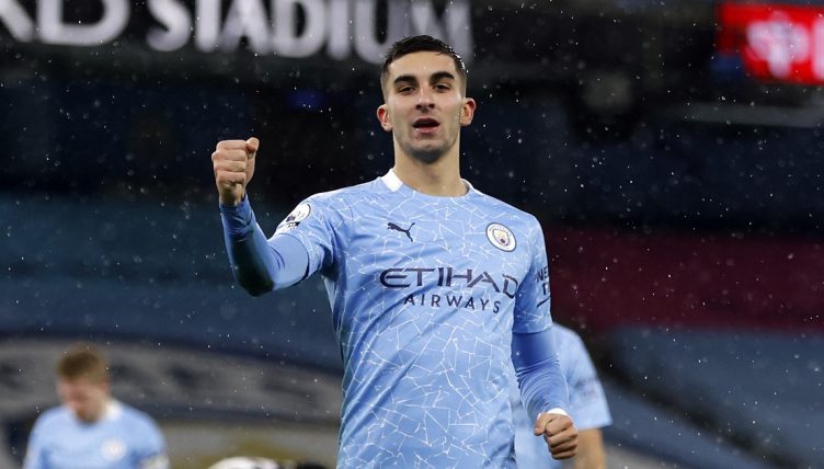 Ferran Torres Celebrates Scoring for Manchester City. Etihad Stadium, Manchester on December 26, 2020.