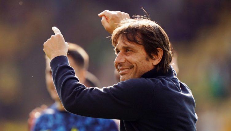 Tottenham Hotspur manager Antonio Conte celebrates after the Premier League match at Carrow Road, Norwich. Picture date: Sunday May 22, 2022.