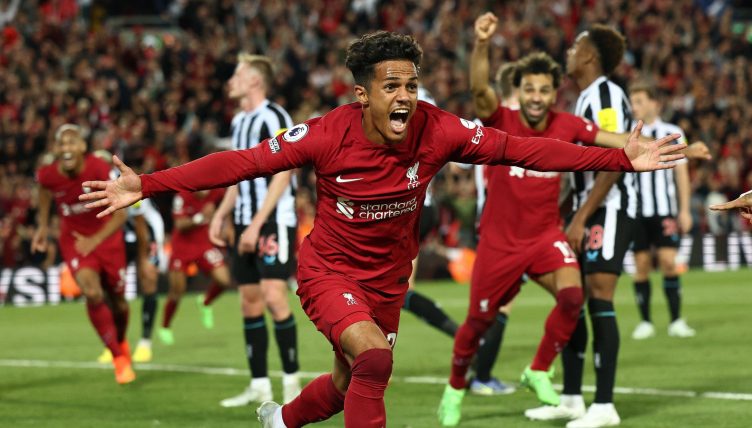 Fabio Carvalho of Liverpool celebrates scoring the winning goal during the Premier League match at Anfield, Liverpool. 31st August 2022.