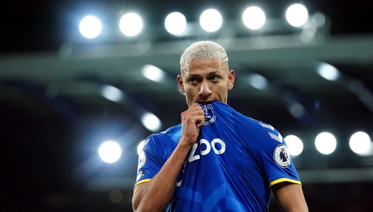 Everton's Richarlison celebrates scoring a goal before it is disallowed by VAR for offside during the Premier League match at Goodison Park, Liverpool. Monday December 6, 2021.