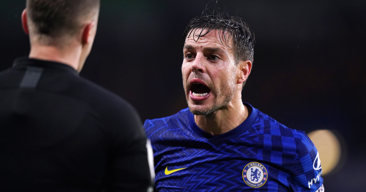 Chelsea's Cesar Azpilicueta speaks with the line official during the Premier League match at Stamford Bridge, London against Leeds. Saturday December 11, 2021.
