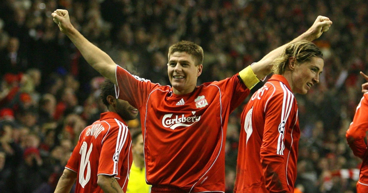 Liverpool's Steven Gerrard celebrates after scoring against Inter Milan.