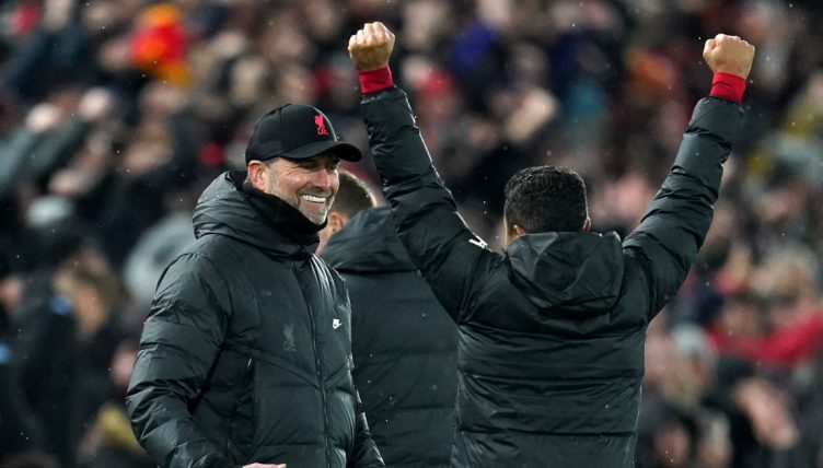 Jurgen Klopp and Thiago Alcantara celebrate Liverpool's victory over Aston Villa. Anfield, Liverpool. December 11, 2021.
