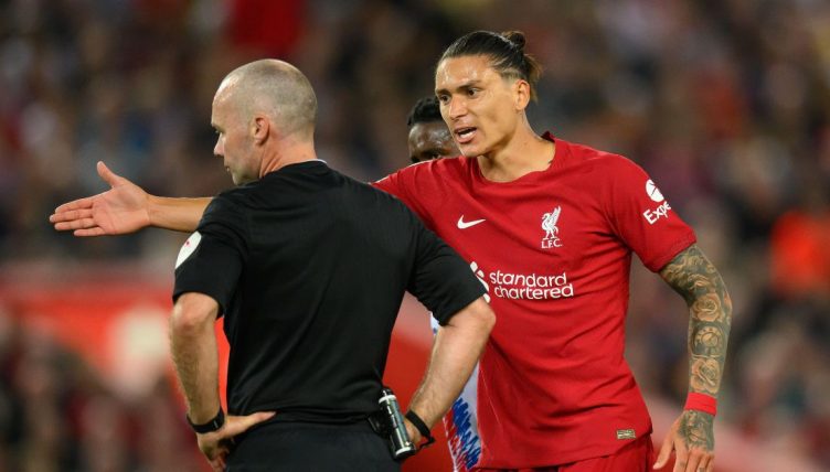 Darwin Nunez protests to Paul Tierney after being sent off during Liverpool FC v Crystal Palace FC in the Premier League. Anfield Stadium, Liverpool, England. August 15 2022.