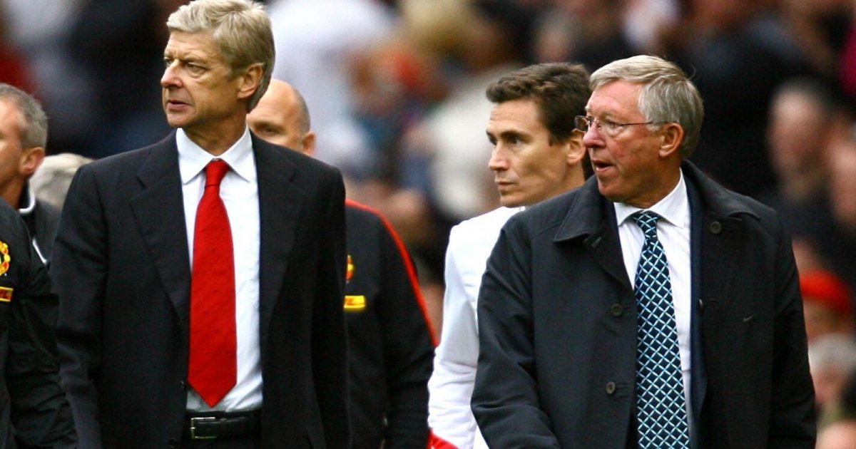 Arsene Wenger and Sir Alex Ferguson leave the field after the Premier League match between Manchester United and Arsenal at Old Trafford, Manchester, August 2009.