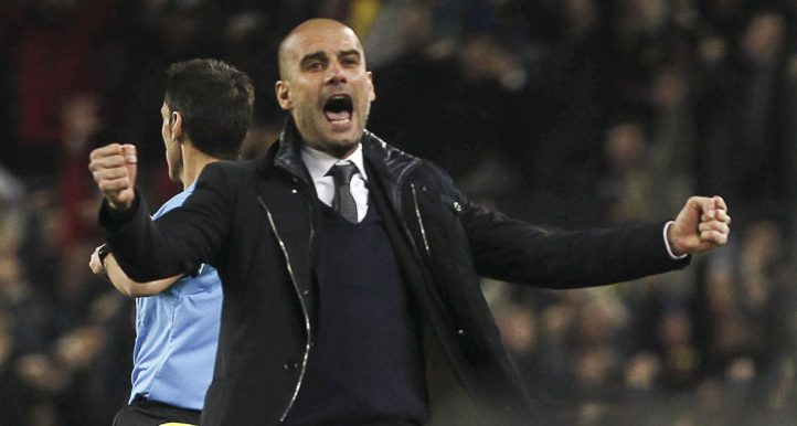 Pep Guardiola celebrates a Barcelona goal against Real Madrid. Barcelona, Camp Nou, January 2012.