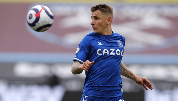 Lucas Digne playing for Everton against West Ham in the Premier League, London Stadium, May 2021.
