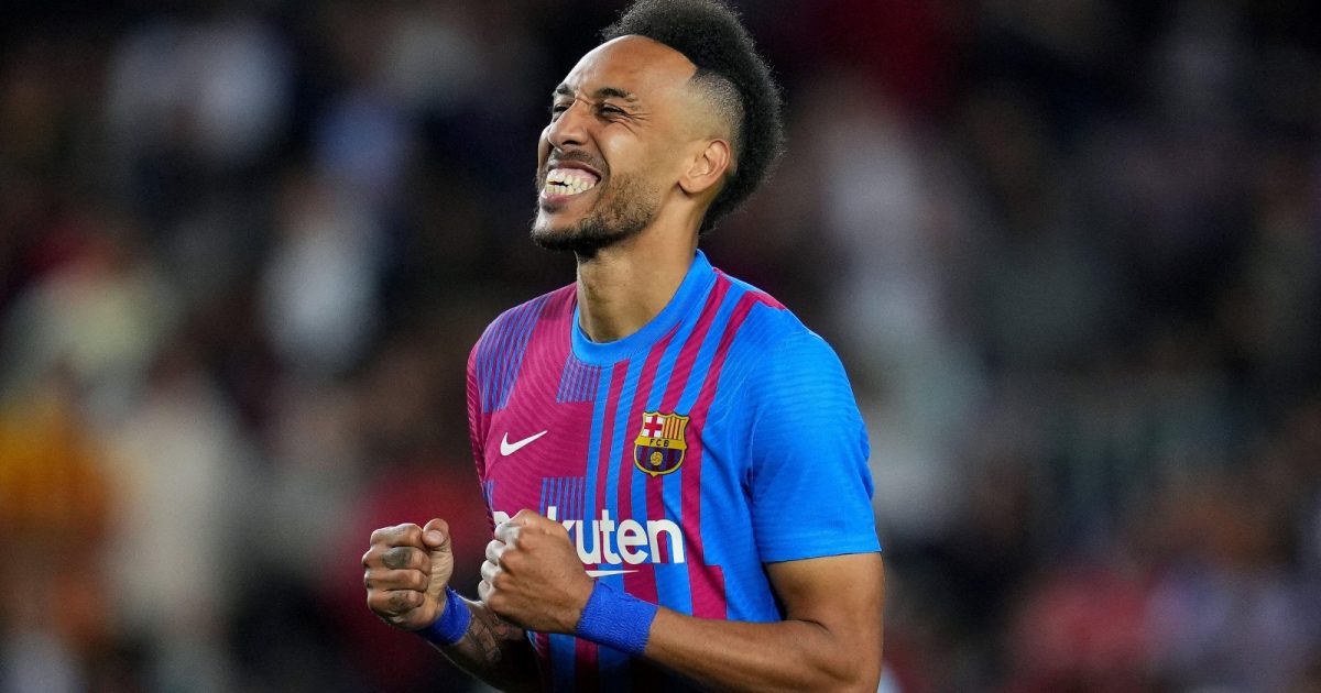 Pierre-Emerick Aubameyang celebrates scoring during the La Liga match between Barcelona and Celta Vigo at Camp Nou, Barcelona, May 2022.