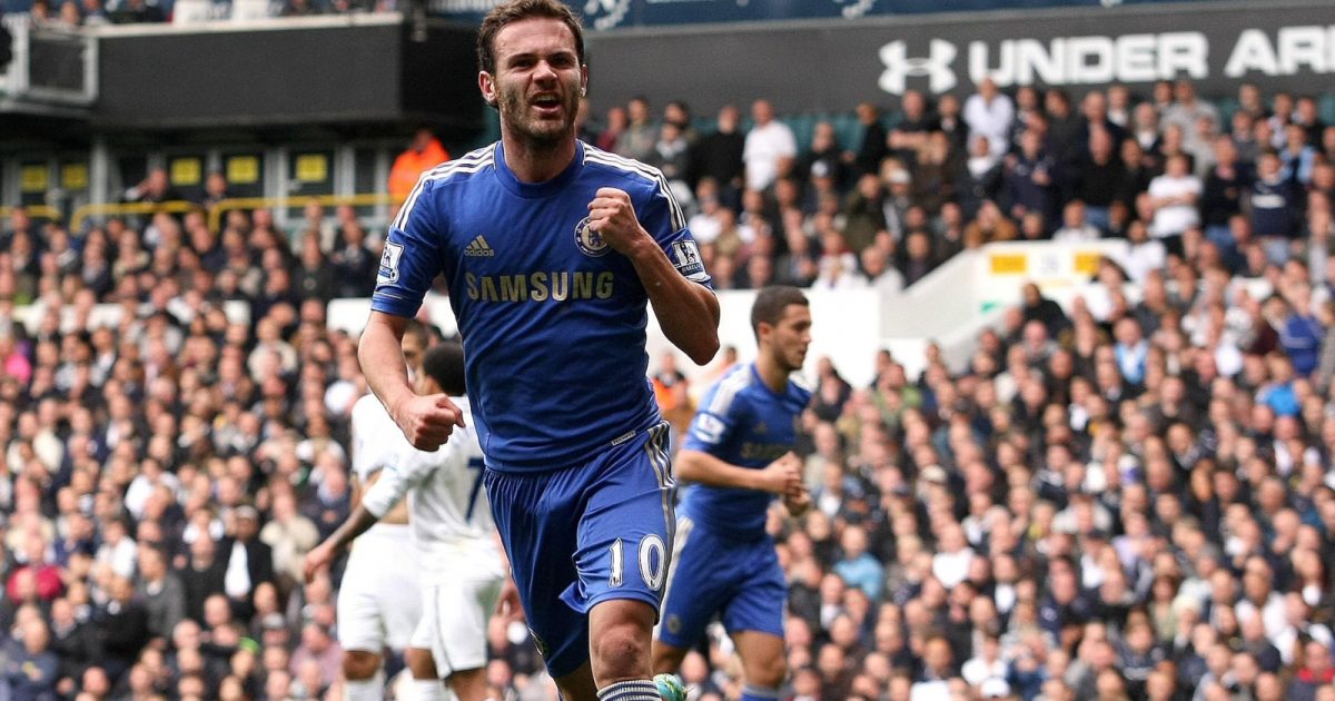 Juan Mata celebrates scoring his first goal during the Premier League match between Tottenham Hotspur and Chelsea at White Hart Lane, London, October 2012.