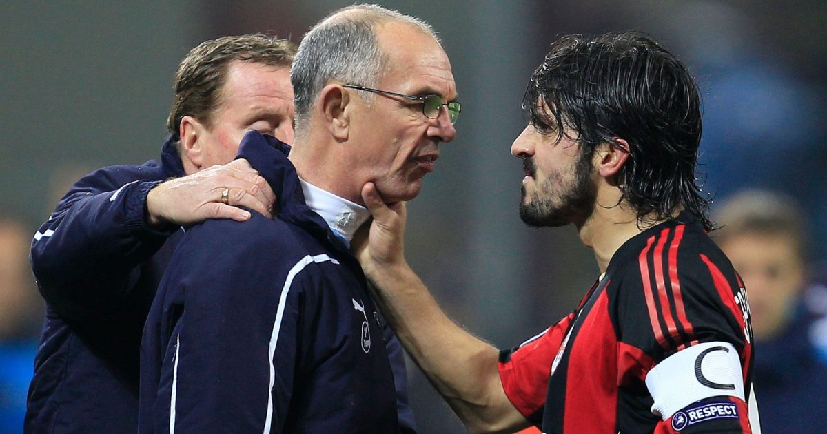 AC Milan's Gennaro Gattuso (R) argues with Tottenham Hotspur's first team coach Joe Jordan (C) next to manager Harry Redknapp during the Champions League soccer match at the San Siro stadium in Milan February 15, 2011.