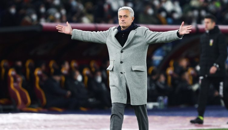 Jose Mourinho on the touchline with his arms outstretched during Roma v Juventus, 9 December 2022 Stadio Olimpico.