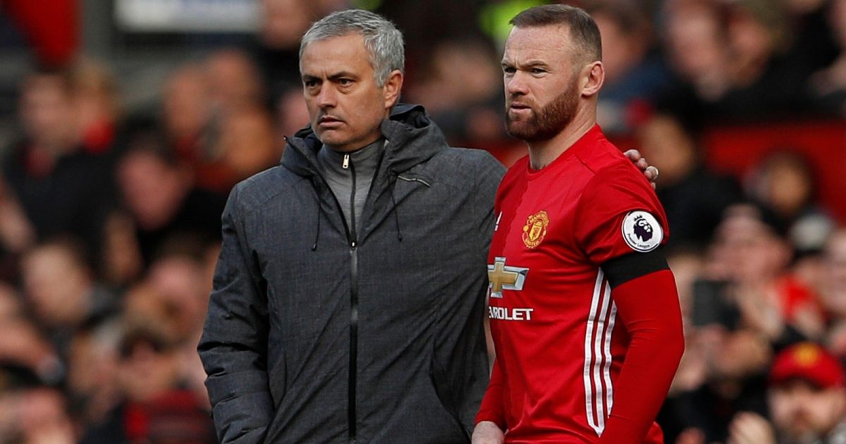 Jose Mourinho stands with Wayne Rooney during the Premier League match between Manchester United and West Bromwich Albion at Old Trafford, Manchester, April 2017.