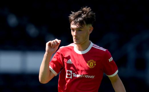 Dylan Levitt in action for Manchester United during a friendly against Derby, Pride Park 18 July 2021.