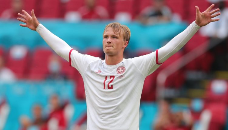 Kasper Dolberg celebrates after scoring for Denmark at Euro 2020. Johan Cruijff ArenA. July 2021.