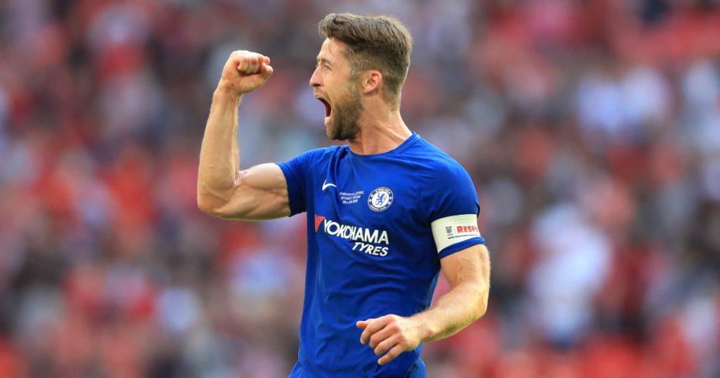 Gary Cahill celebrates at the final whistle after the FA Cup final
