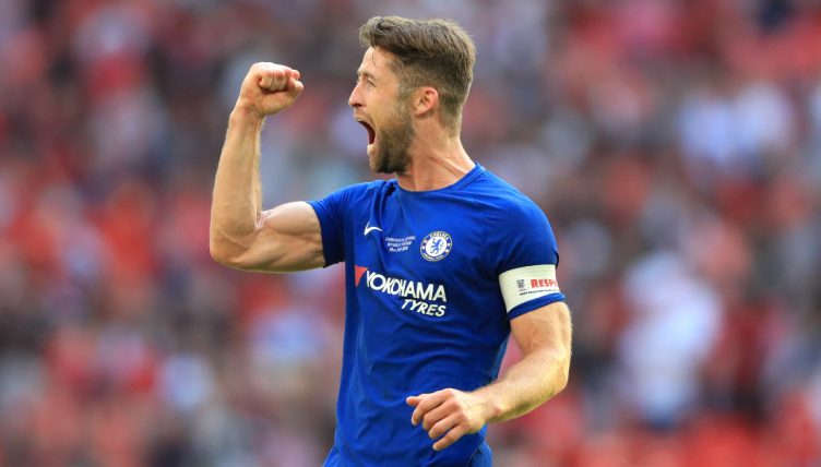 Gary Cahill celebrates at the final whistle after the FA Cup final against Manchester United, Wembley Stadium, May 2018