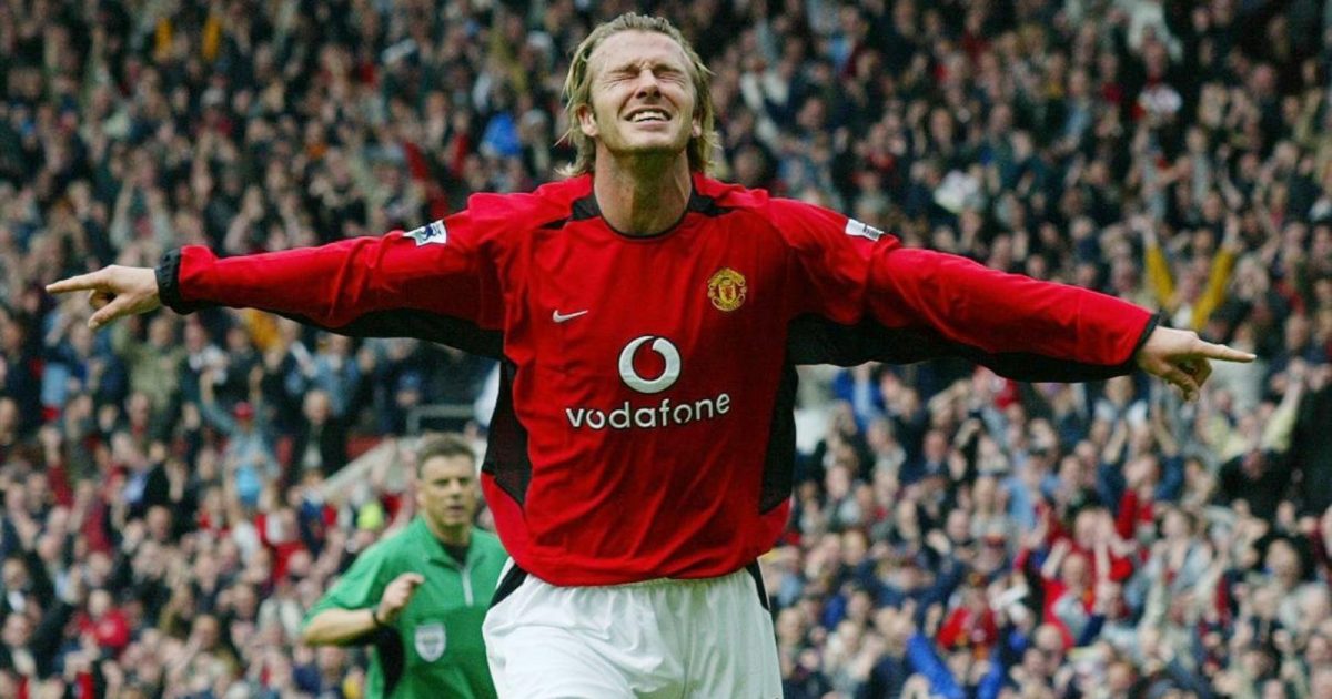 David Beckham celebrates scoring during the Premier League match between Manchester United and Charlton Athletic at Old Trafford, Manchester, May 2003.