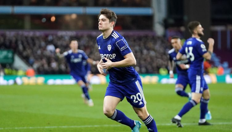 Leeds United forward Daniel james celebrates scoring against Aston Villa at Villa Park, Birmingham, February 2022.