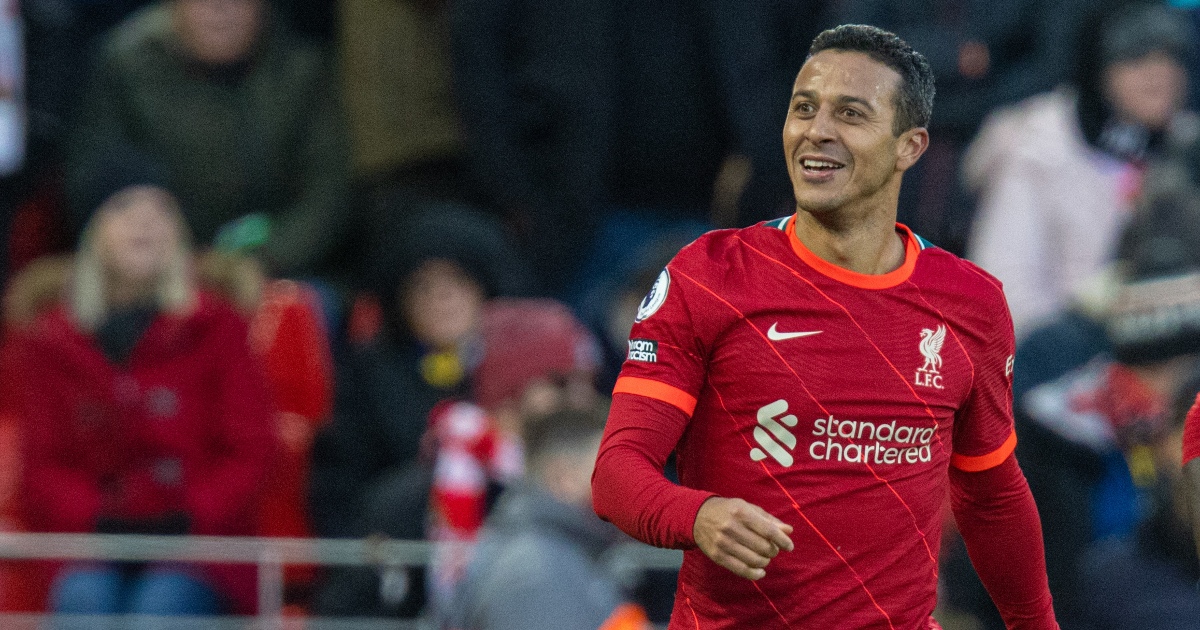 Liverpool's Thiago Alcantara celebrates after scoring during the English Premier League match between Liverpool and Southampton in Liverpool, Britain, on Nov. 27, 2021.