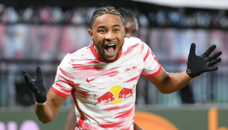 RB Leipzig's Christopher Nkunku celebrates after scoring. Red Bull Arena. February 2022.
