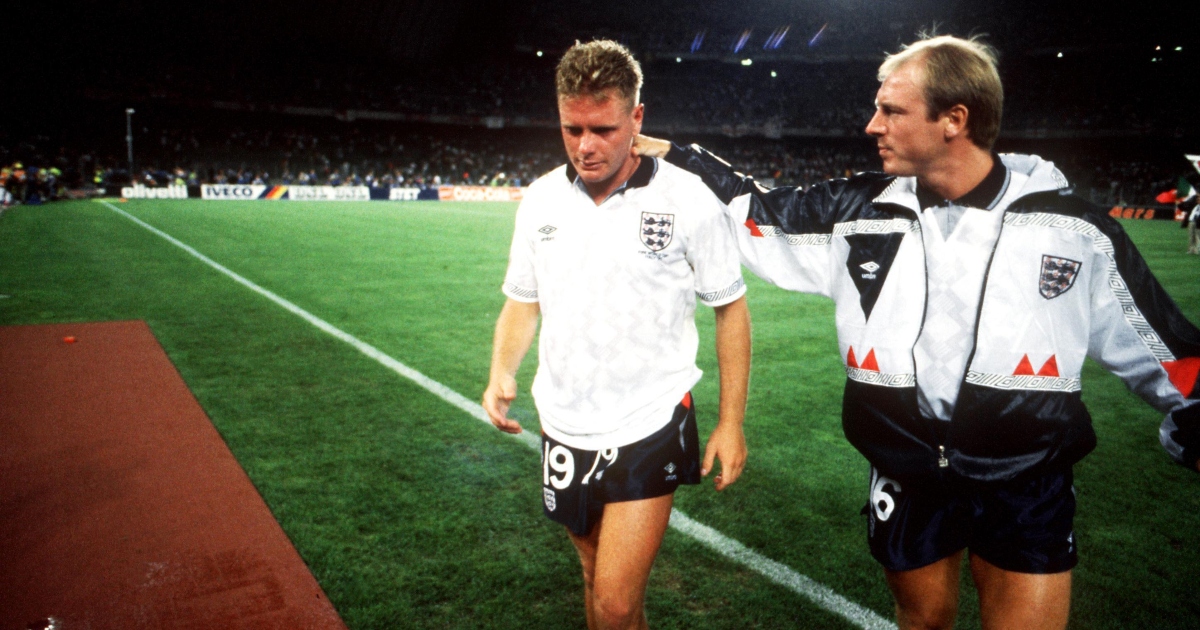 England's Paul Gascoigne and Steve McMahon after their defeat to West Germany in Turin, Italy, July 1990.